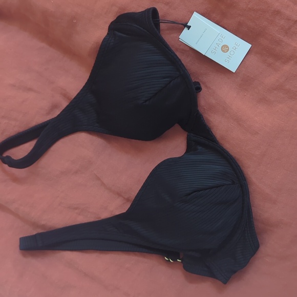 Women's Retro Ribbed Underwire Bikini Top Shade & Shore Black 34D NWT Black - Picture 6 of 8